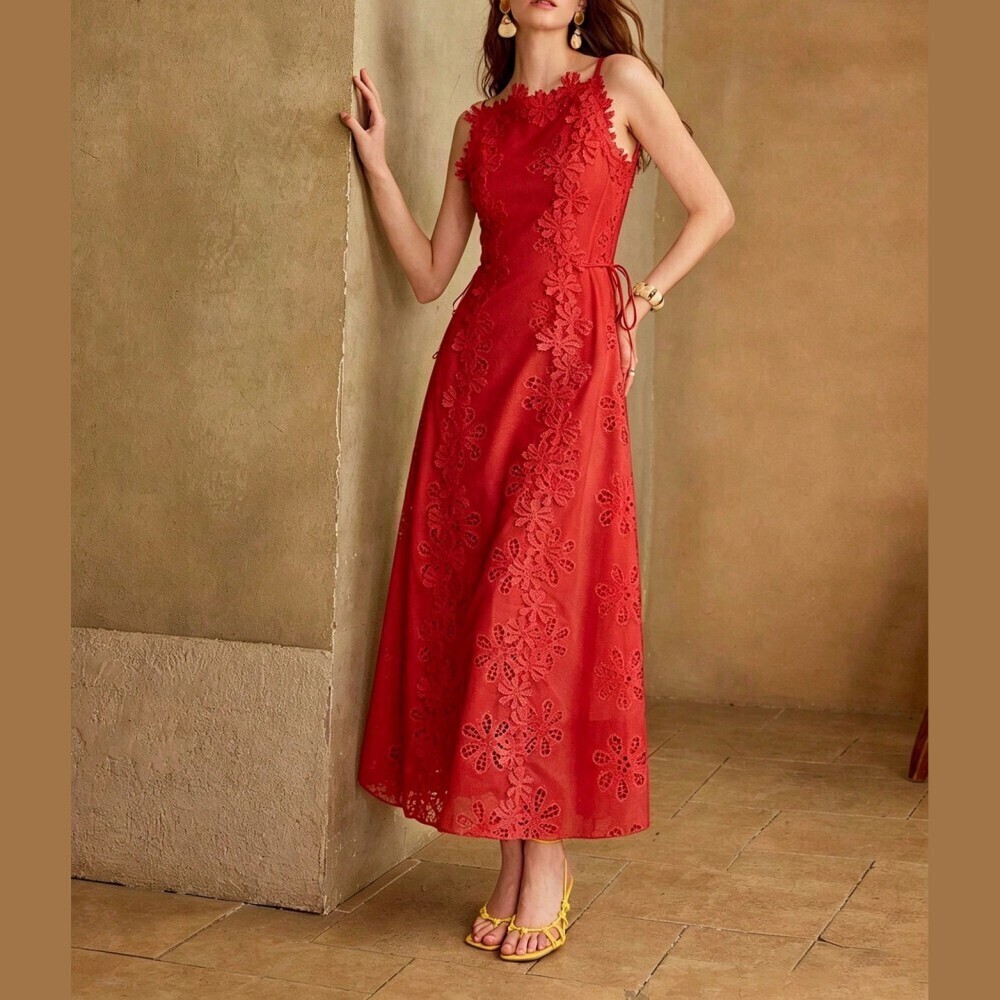 Red Floral Lace Applique Maxi Dress with Tie Waist - Picture 6 of 7
